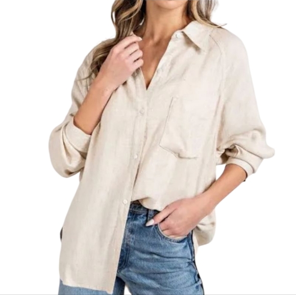 eesome Tops - Eesome Beige Linen Bohemian Button-Up Shirt. Size L